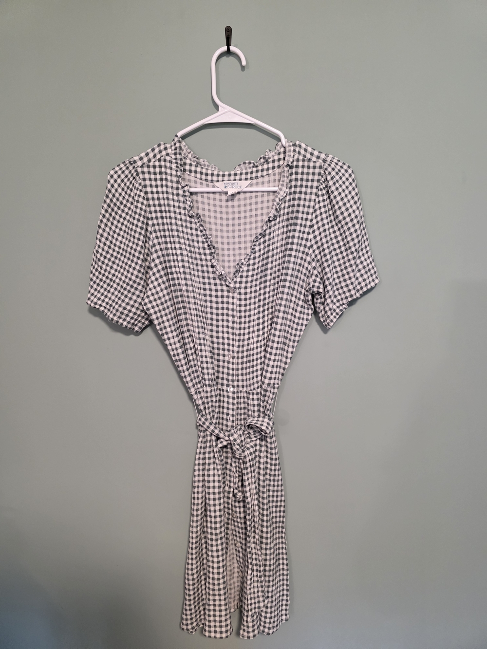 Market & Spruce Green and White Gingham Tie Waist Midi Dress
